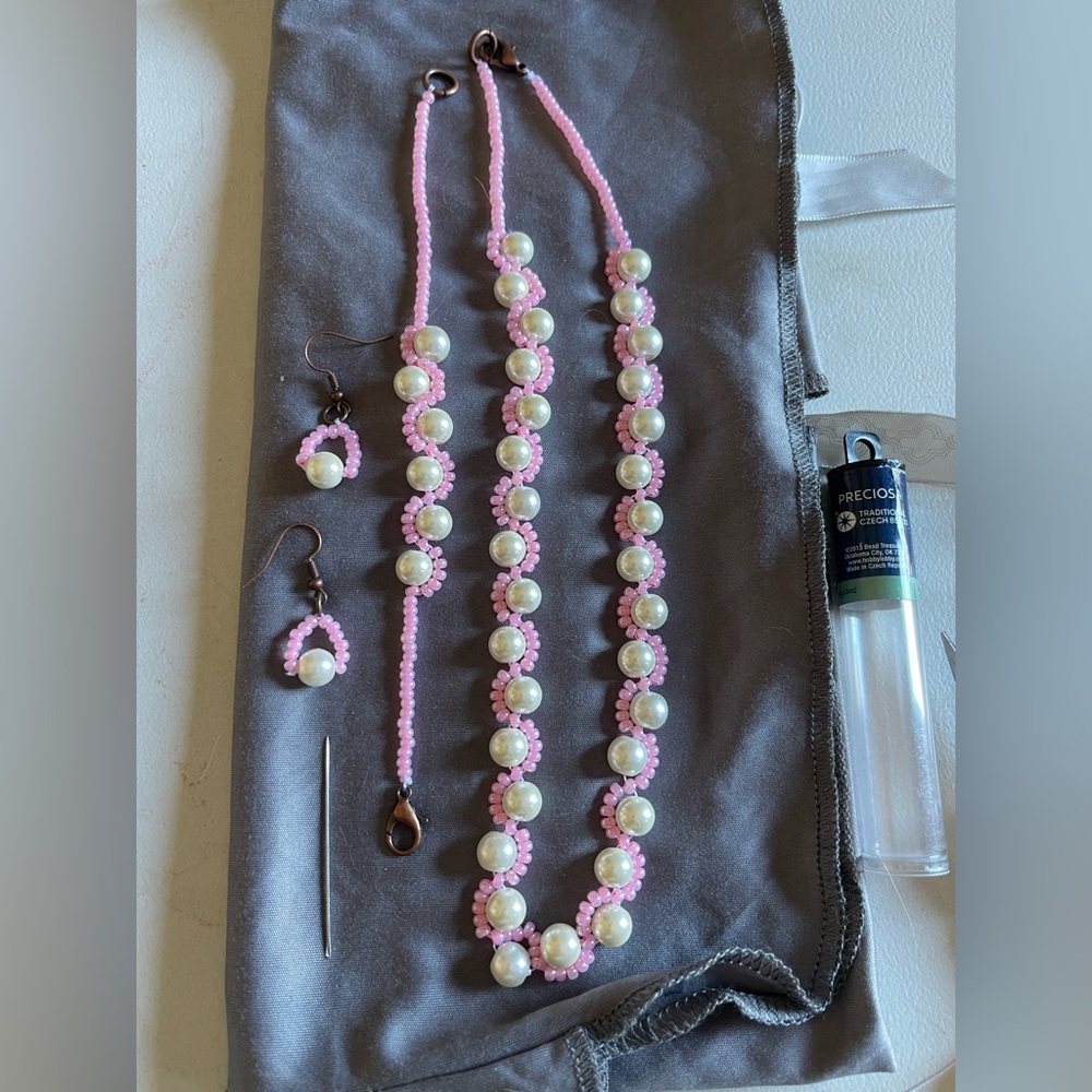 Pink and White Beaded Necklace and Earring Set